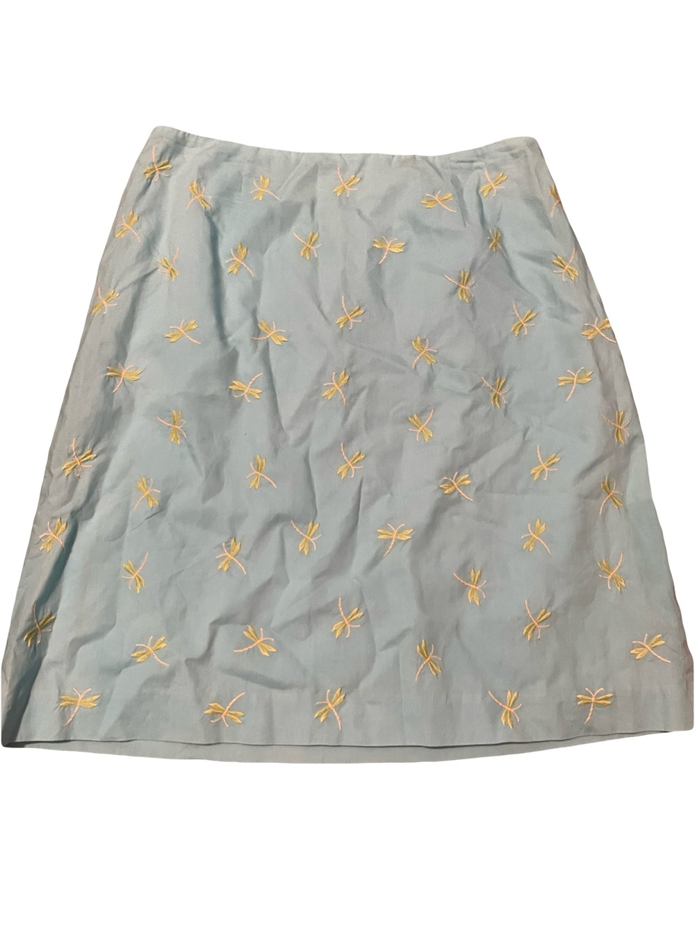 Talbots Light Blue A-Line Skirt with Yellow Embroidered Dragonflies